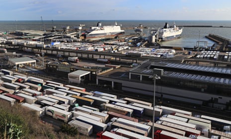 Lorries queue for ferries at the port of Dover in Kent. 