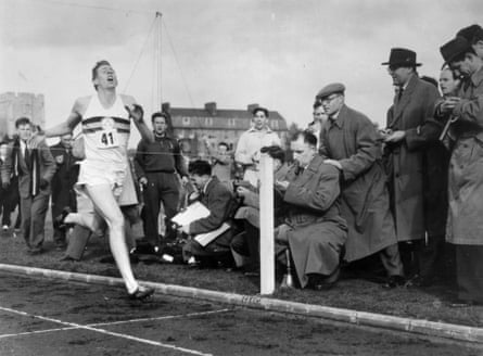 Roger Bannister about to cross the tape at the end of his record breaking mile run at Iffley Road, Oxford. He was the first person to run the mile in under four minutes