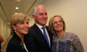 Prime Minister designate Malcolm Turnbull with his wife Lucy and deputy designate Julie Bishop after a press conference in the Blue Room of Parliament House in Canberra this evening, Monday 14th September 2015. 
