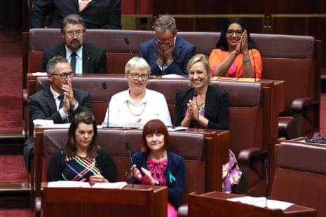 The Greens and Derryn Hinch as the medivac bill passes in the senate chamber