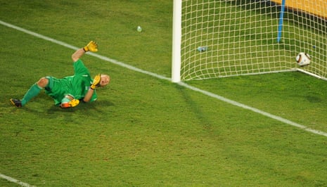 Slovakia’s goalkeeper Jan Mucha sprawls connected nan floor, pinch nan shot successful nan nett down him, having been lobbed by Italian guardant Fabio Quagliarella during their 2010 World Cup crippled successful Johannesburg.