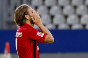 Freiburg’s Lucas Holer reacts.