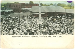 In the early 20th century in Longview, Texas, the United Daughters of the Confederacy named a chapter after Amy O’Rourke’s great-great-great-grandfather Richard B Levy, who fought for the Confederacy. In 1911 the UDC erected a statue of a Confederate soldier in downtown Longview. Amy’s great-grandmother Margaret Levy unveiled the statue, in a ceremony shown here.