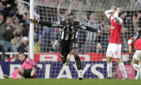 Cheick Tioté celebrates scoring Newcastle’s 87th-minute equaliser as they came from 4-0 down to draw 4-4 with Arsenal at St James’ Park in February 2011