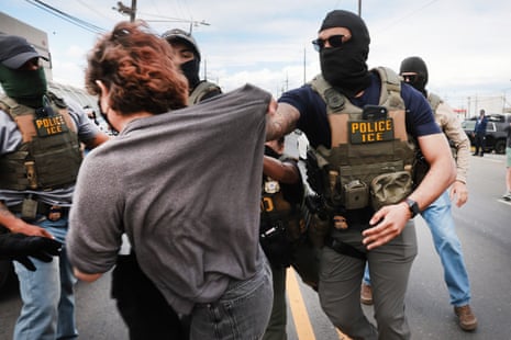 Federal immigration agents detained a protester outside the immigration detention center at Delaney Hall in Newark, New Jersey on Thursday.