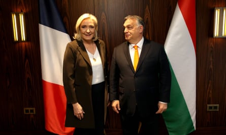 French National Rally (RN) leader Marine Le Pen and Hungarian prime minister Viktor Orbán in Warsaw, Poland, in 2021.