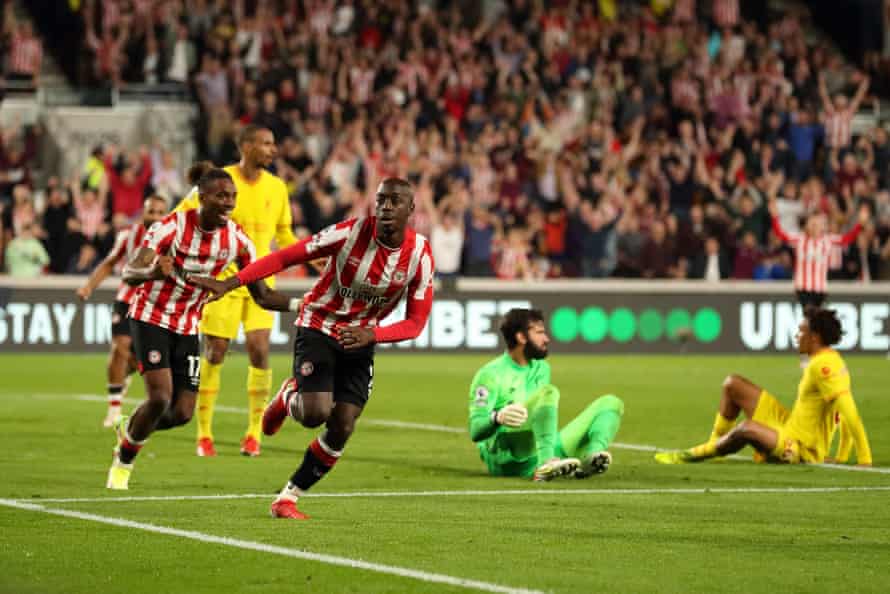 Brentford’s Yoane Wissa scores to make it 3-3 against Liverpool in September.
