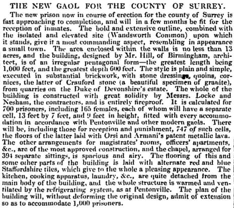 Cutting of Guardian article about Wandsworth prison from 1851
