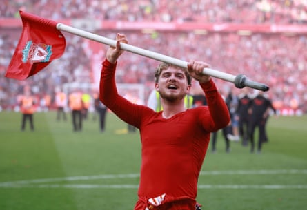 Liverpool’s Harvey Elliott celebrates after winning the Premier League