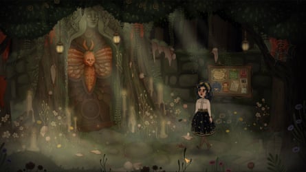In Allogloom, an animated girl walks past a mossy shrine with a moth-skull carving
