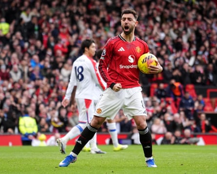 Bruno Fernandes, the Manchester United captain, celebrates scoring a goal in his team’s 2-1 Premier League win against Crystal Palace at Old Trafford.