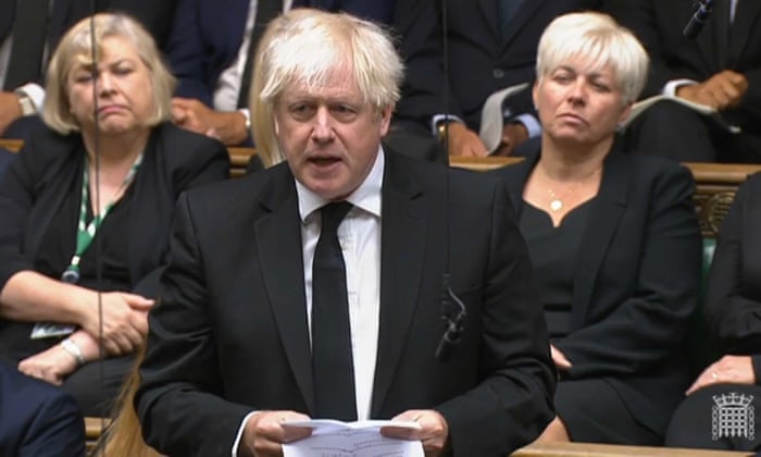 Former Prime Minister Boris Johnson reading a tribute out in the House of Commons, London following the death of Queen Elizabeth II on Thursday.