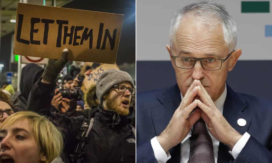 Protestors over the travel ban, and Australian PM Malcolm Turnbull