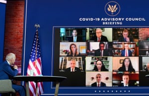 Joe Biden and Kamala Harris (not shown) speak virtually with the Covid-19 Advisory Council in Wilmington, Delaware, on 9 November.