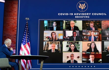 Joe Biden and Kamala Harris (not shown) speak virtually with the Covid-19 Advisory Council in Wilmington, Delaware, on 9 November.