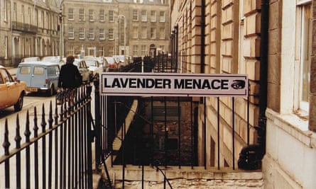 Lavender Menace on the railings at the top of the stairs in Forth Street.