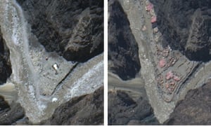 This combination of 22 May, left, and 23 June satellite images shows construction in the Galwan Valley.