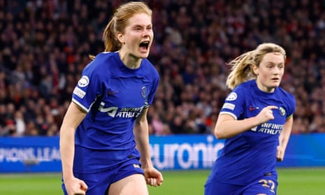 Sjoeke Nüsken roars with delight after scoring Chelsea’s second goal against Ajax, as Erin Cuthbert runs to join in the celebrations.