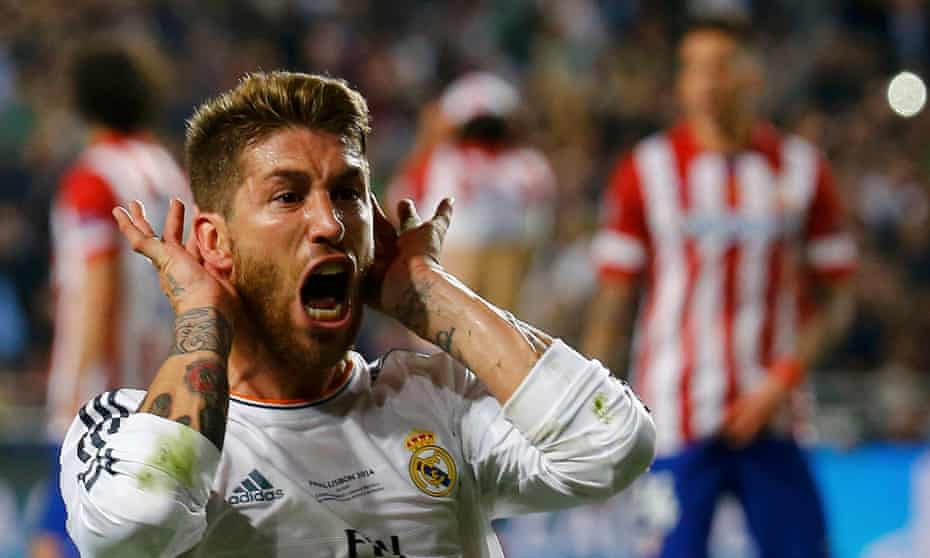 Real Madrid's Ramos celebrates after scoring a goal against Atlético Madrid in the 2014 Champions League final