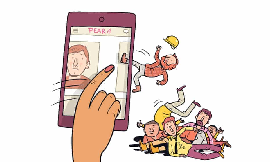 A cartoon of a woman's hand 'swiping' right on a phone and a pile of men in a heap next to it