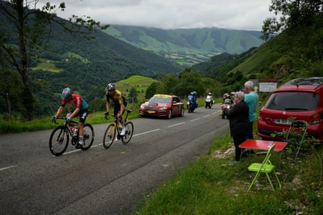 Victor Campenaerts and Wout Van Aert climb the Col du Soudet.