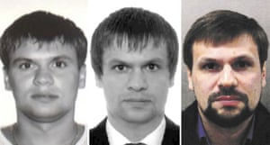 Anatoliy Chepigaâs 2003 passport photo; Ruslan Boshirovâs 2009 passport photo; Ruslan Boshirov, in a Metropolitan Police photo