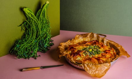 Anna Jones’ Double greens and filo pie Chosen by Stanley Tucci The Dish I Can’t Live Without Food and prop styling: Polly Webb Wilson Observer Food Monthly OFM January 2018