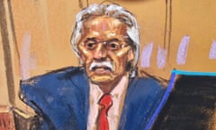 Sketch of man wearing blue suit and red tie