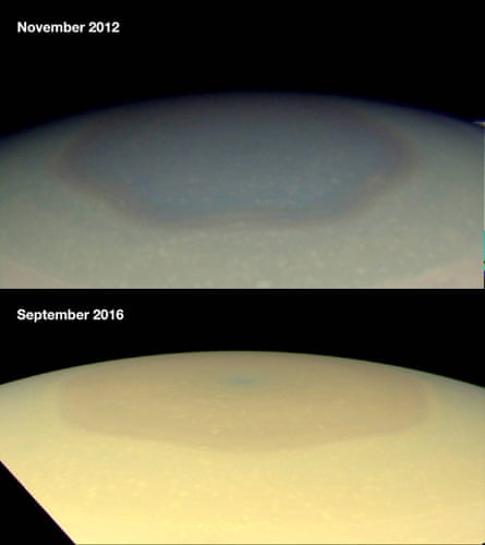 Images of Saturn’s polar hexagon show a colour change from 2012 to 2016.