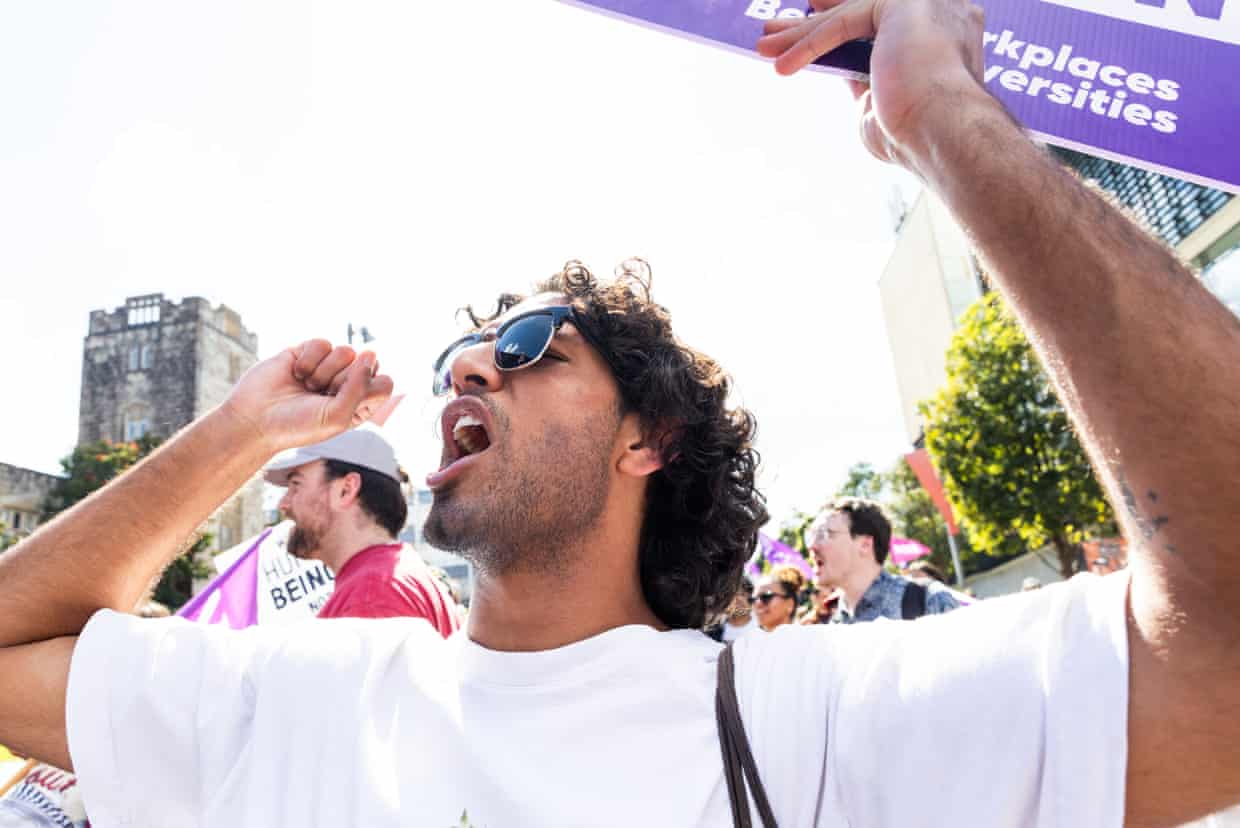Students and staff gather at the University of Sydney as staff take strike action