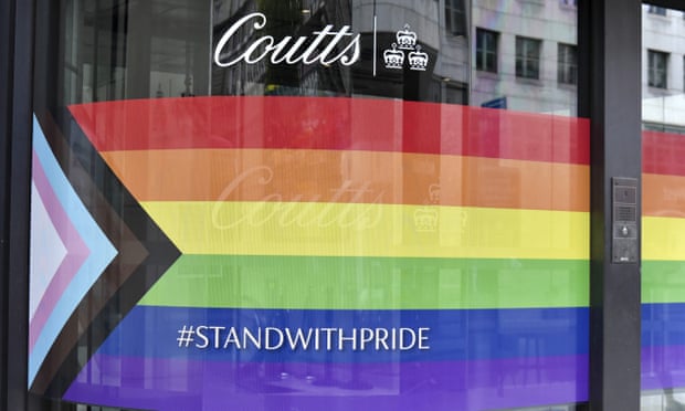Coutts and Co shows its support for Pride month at its offices in The Strand in London in 2020