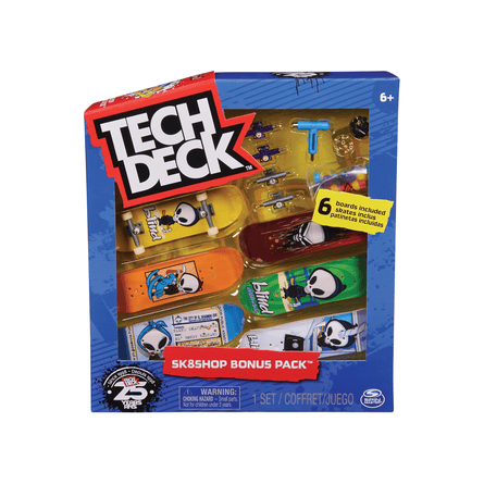 Tech Deck Sk8shop Bonus Pack box showing six mini skateboards and tools inside
