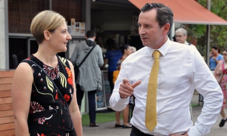 Western Australia’s opposition leader, Mark McGowan, with Labor’s candidate for the seat of Morley, Amber-Jade Sanderson, campaigning in Perth on Thursday