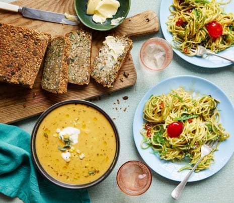 Doug McMaster's low-waste recipes: smoked fish chowder with sweet potato, corn and sage; egg noodles with cured egg yolk and seaweed; spiced seeded gluten-free bread.