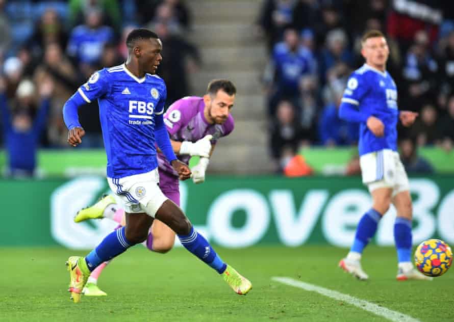 Leicester City’s Patson Daka scores their second goal.