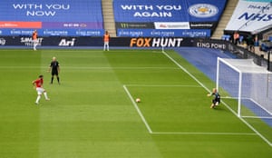 Manchester United’s Bruno Fernandes scores his side’s first goal of the game from a penalty.