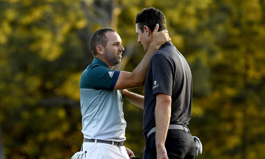 Justin Rose (R) and Sergio García after the 2017 Masters play-off.