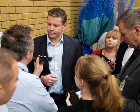 Plaid Cymru leader Rhun ap Iorwerth doing media interviews at Caerphilly leisure centre as counting continues