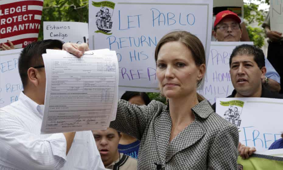 Legal Aid Society lawyer Jennifer WIlliams shows the document she filed at the offices of Ice in New York on Friday.