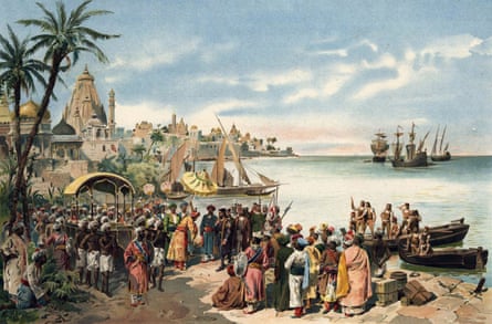 Portuguese explorers arriving in Calcutta in 1498, painted by Alfredo Gameiro about 1900.