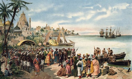 Vasco da Gama arrives in Calicut (Kozhikode) in 1498, painted by Alfredo Gameiro c1900.