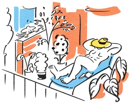 An illustration of a man sunbathing nude in his garden while wearing only a hat as a person peeks over their wall at him.