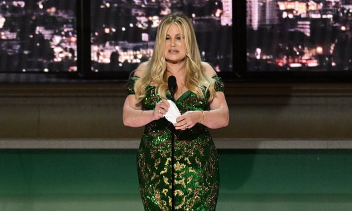 US actress Jennifer Coolidge accepts the award for best supporting actress in a limited series for The White Lotus.