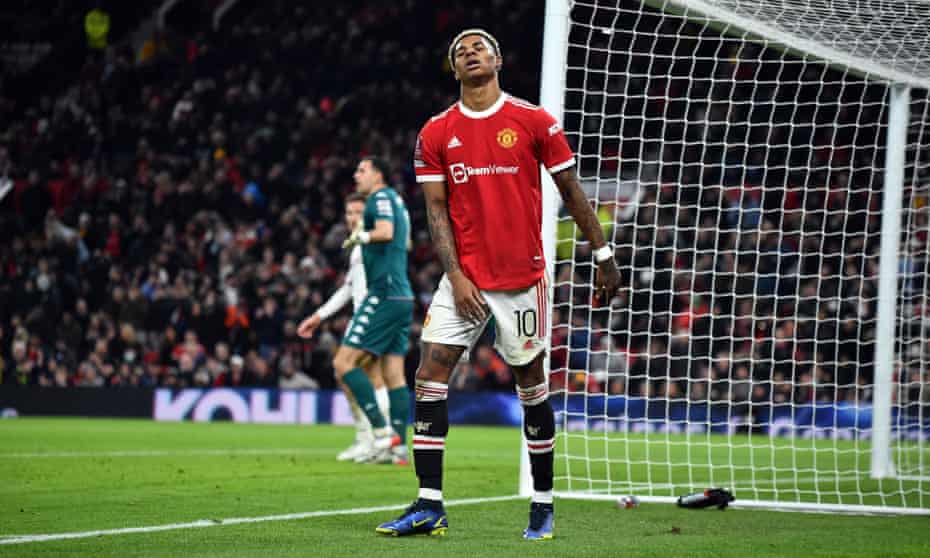 Marcus Rashford cuts a frustrated figure during Manchester United’s FA Cup win at home to Aston Villa.