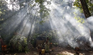 A Mbuti pygmy hunting camp in the Okapi Wildlife Reserve outside the town of Epulu, Congo.