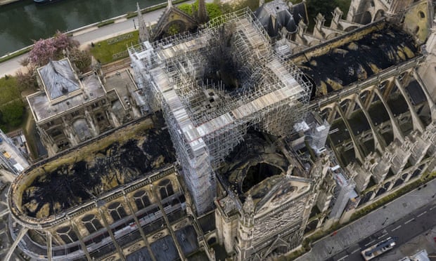 Aerial view of fire-damaged Notre Dame Cathedral
