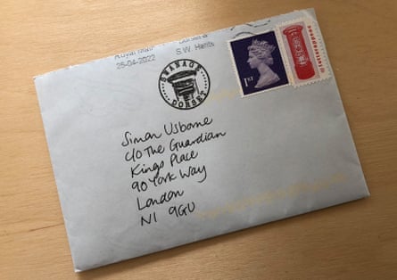 The letter Dinah Johnson sent to Simon Usborne, with the barcode covered.