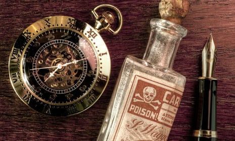 A phial of poison, fountain pen and pocket watch on a wooden desk