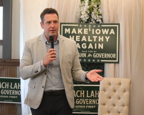 Zach Lahn, Republican candidate for Iowa governor, speaks during a campaign event Thursday, May 28, 2026, in Newton, Iowa.