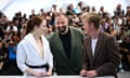 Actor Emma Stone, director Yorgos Lanthimos and actor Jesse Plemons in a photocall for the film Kinds Of Kindness at the Cannes Film Festival, May 2024.